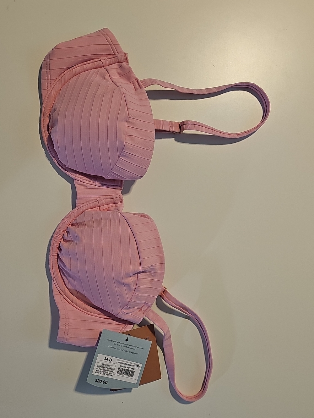 Shade & Shore Women's 34D Pink Ribbed Underwire Bikini Top